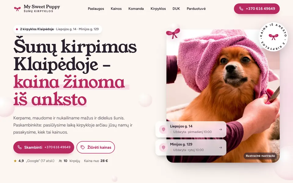 Šunų kirpyklos svetainės koncepcija